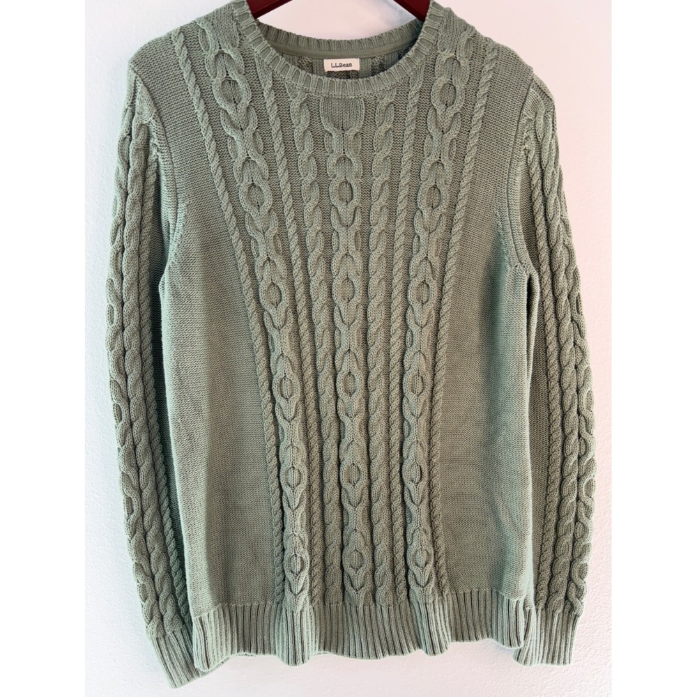L.L. Bean Green Cable Knit Sweater 100% Cotton Cottagecore Fisherman Preppy Chic